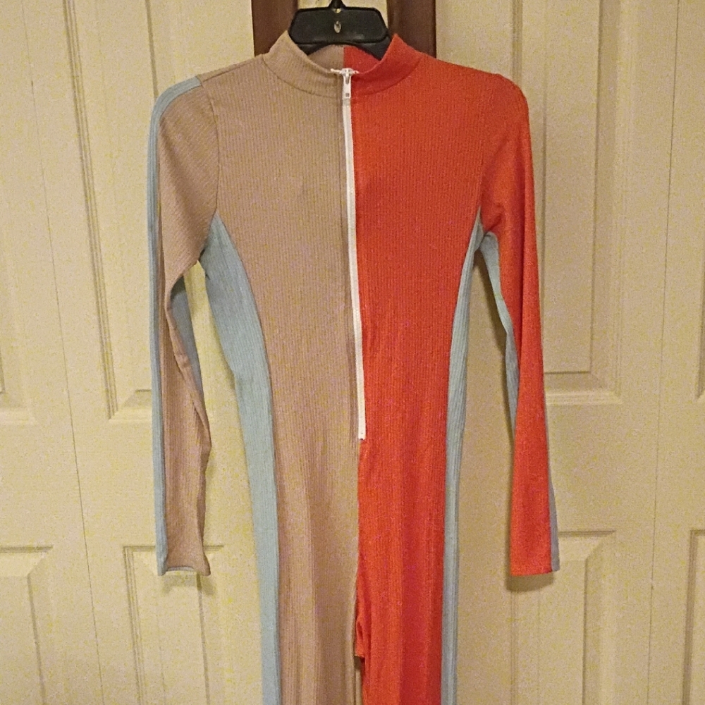 Orange and Tan Color-Block Footies One Piece